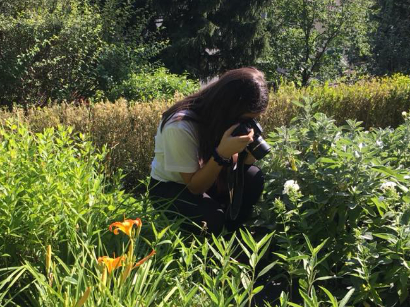 A person squatting in plants, taking a photo.